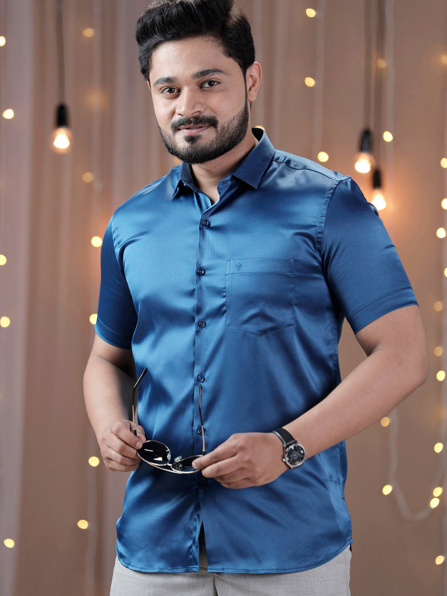 Mens Party Wear Dark Blue Half Sleeves Colour Shirt PS4-Front view