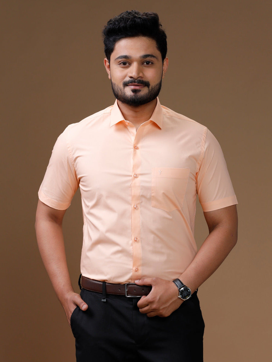 Mens Formal Cotton Spandex 2 Way Stretch Half Sleeves Saffron Shirt LY7