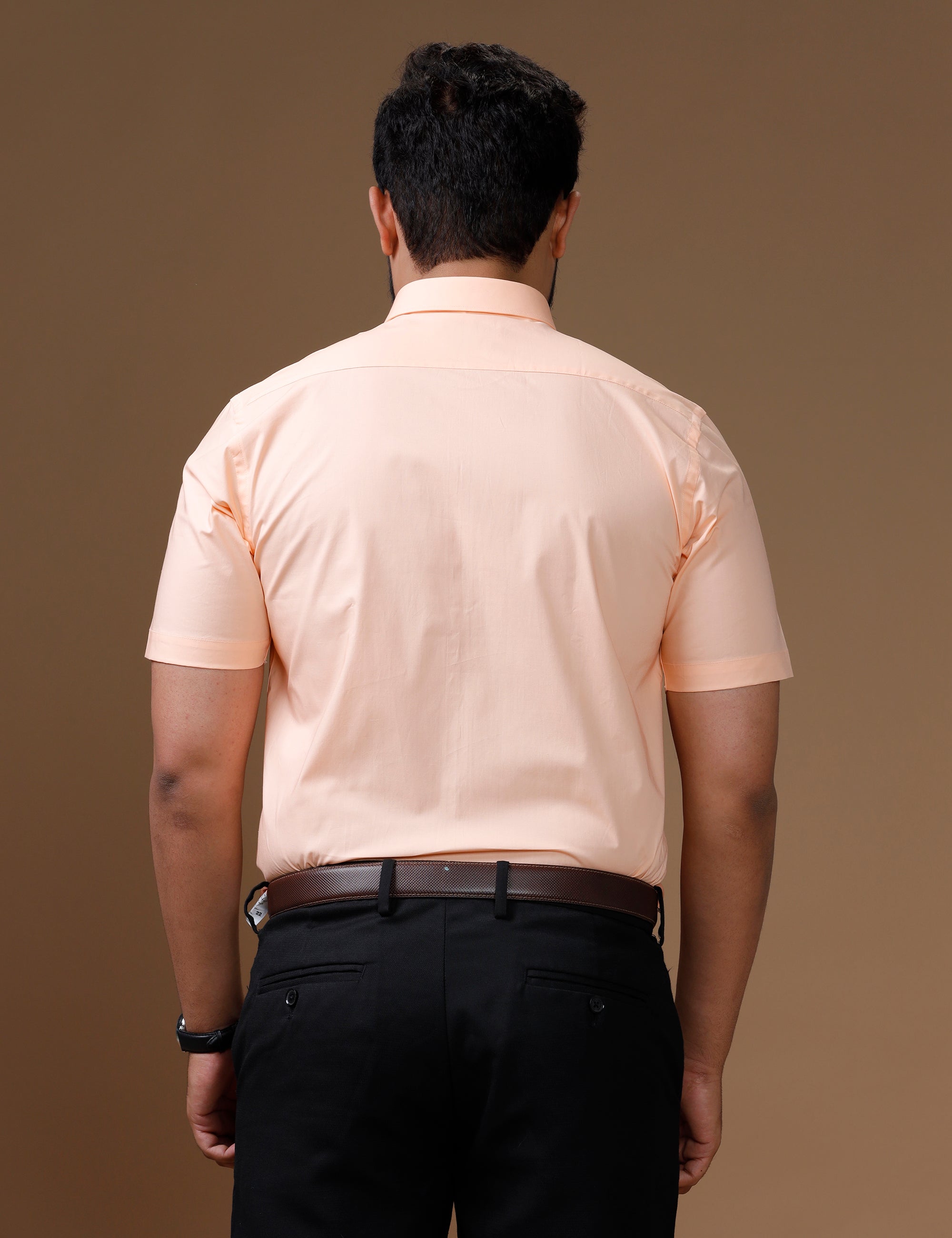 Mens Formal Cotton Spandex 2 Way Stretch Half Sleeves Saffron Shirt LY7-Back view