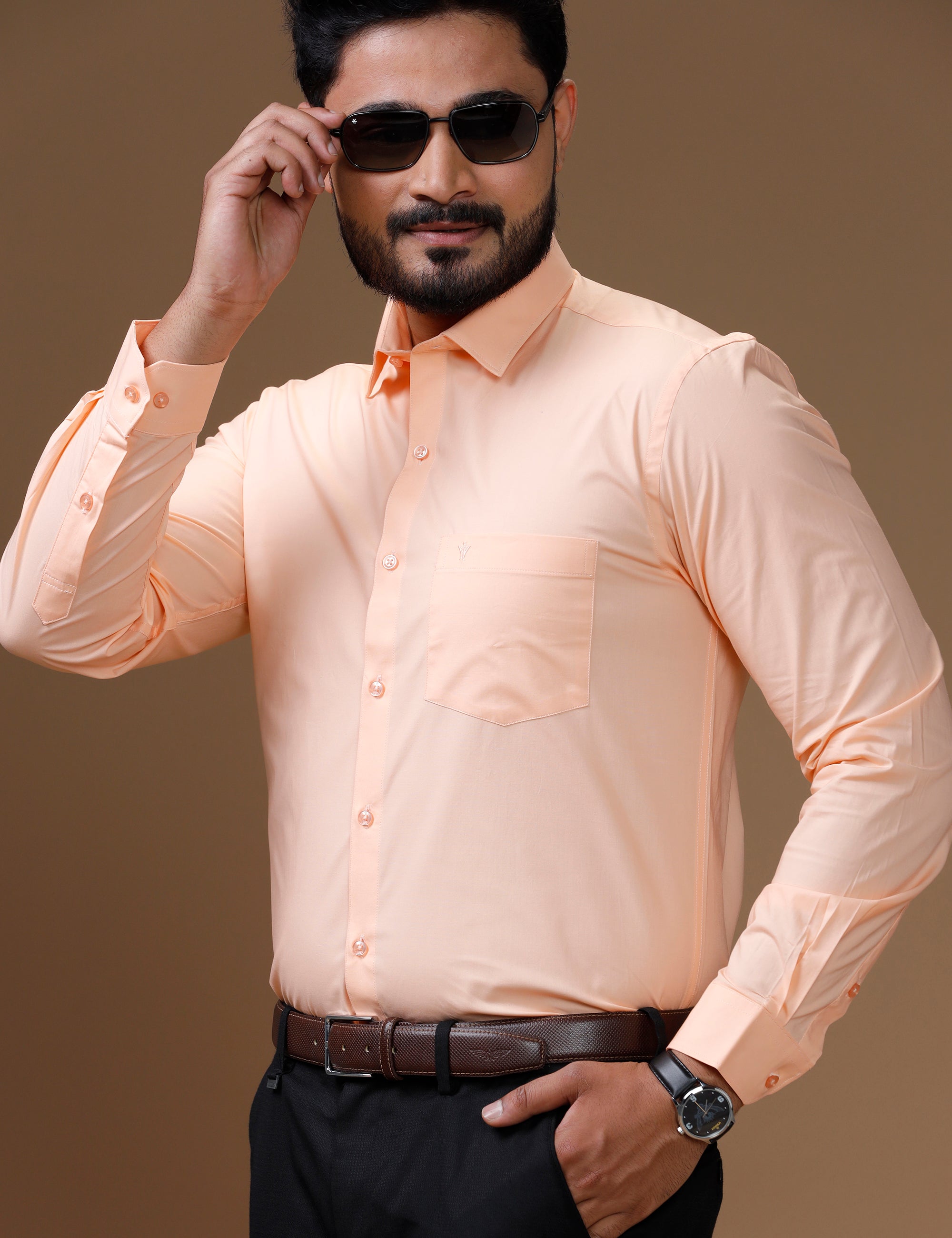 Mens Formal Cotton Spandex 2 Way Stretch Full Sleeves Saffron Shirt LY7-Front view