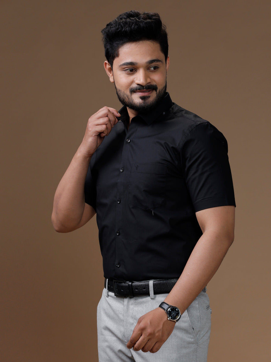 Mens Formal Cotton Spandex 2 Way Stretch Half Sleeves Black Shirt-Side view