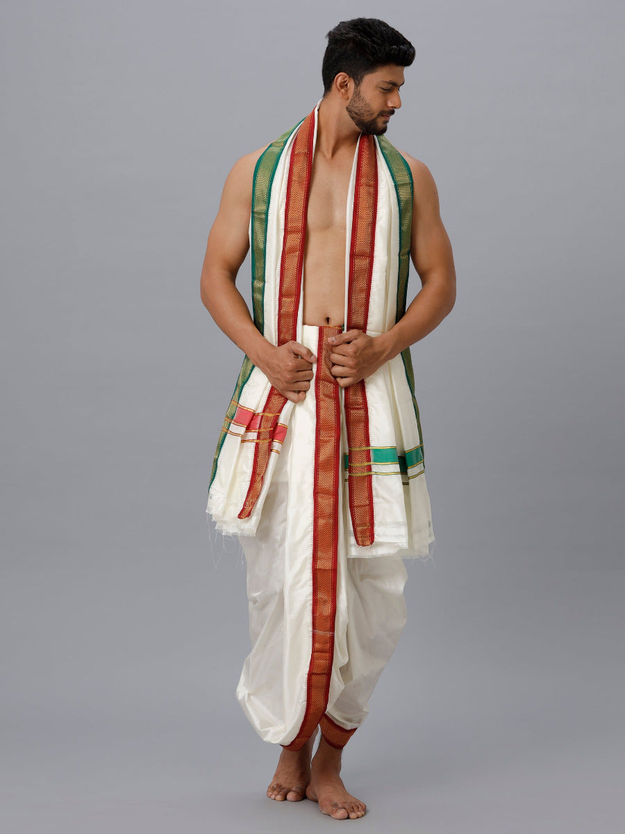 Mens Silk 5K Mayilkhan Dhoti & Towel Set (9+5) Prasanthi-Front view