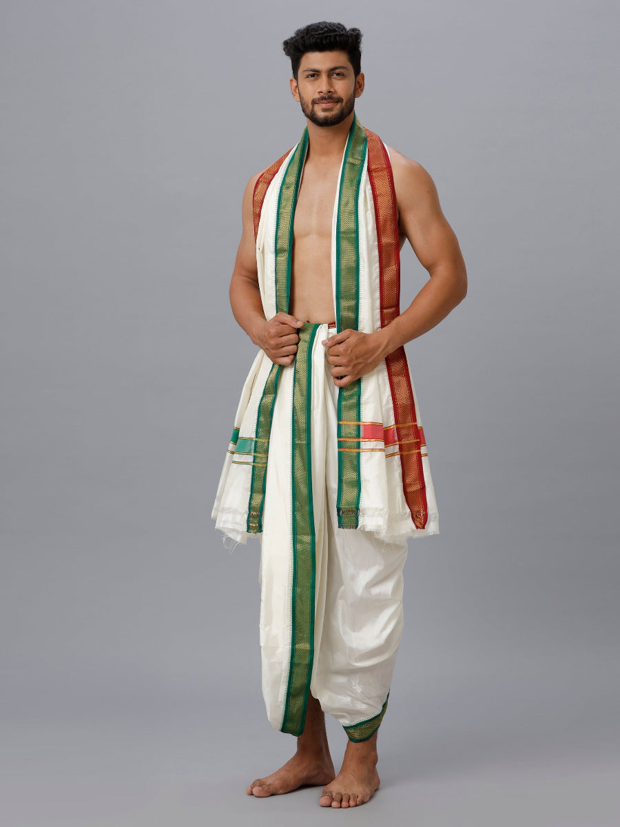 Mens Pure Silk 9K Mayilkhan Panchakacham & Towel (9+5) Thirukalyan-Side view