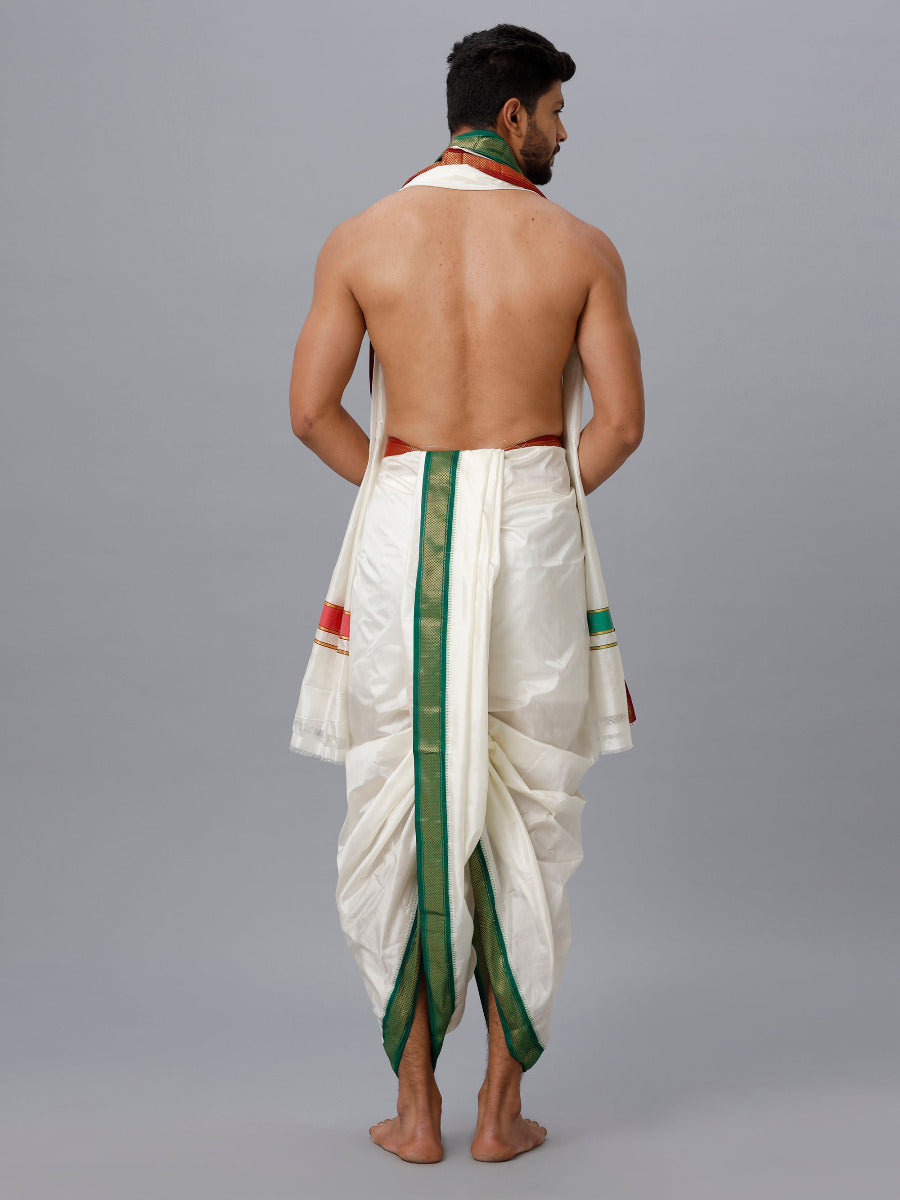 Mens Pure Silk 7K Mayilkhan Panchakacham & Towel 9+5 Thirukalyan-Back view green