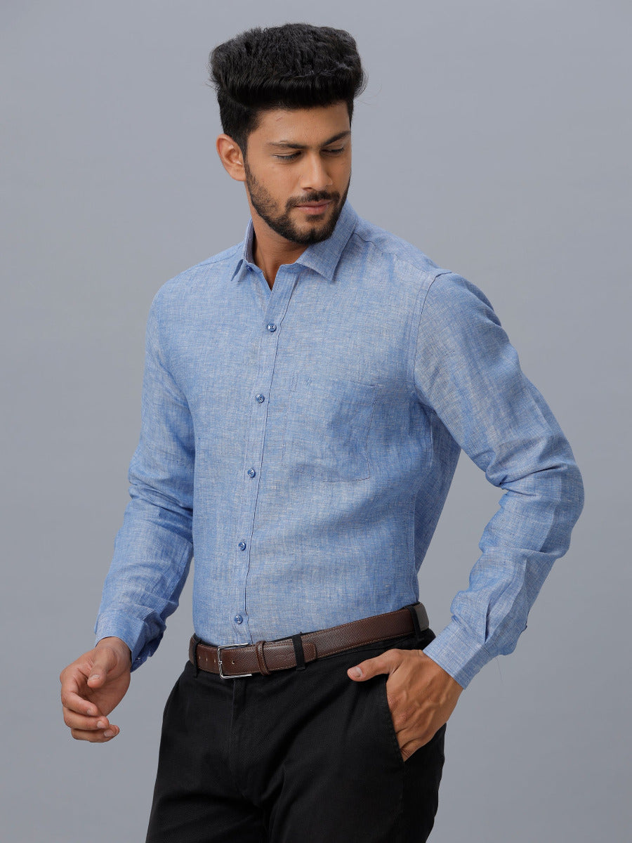Mens Pure Linen Full Sleeves Shirt Blue-Side view