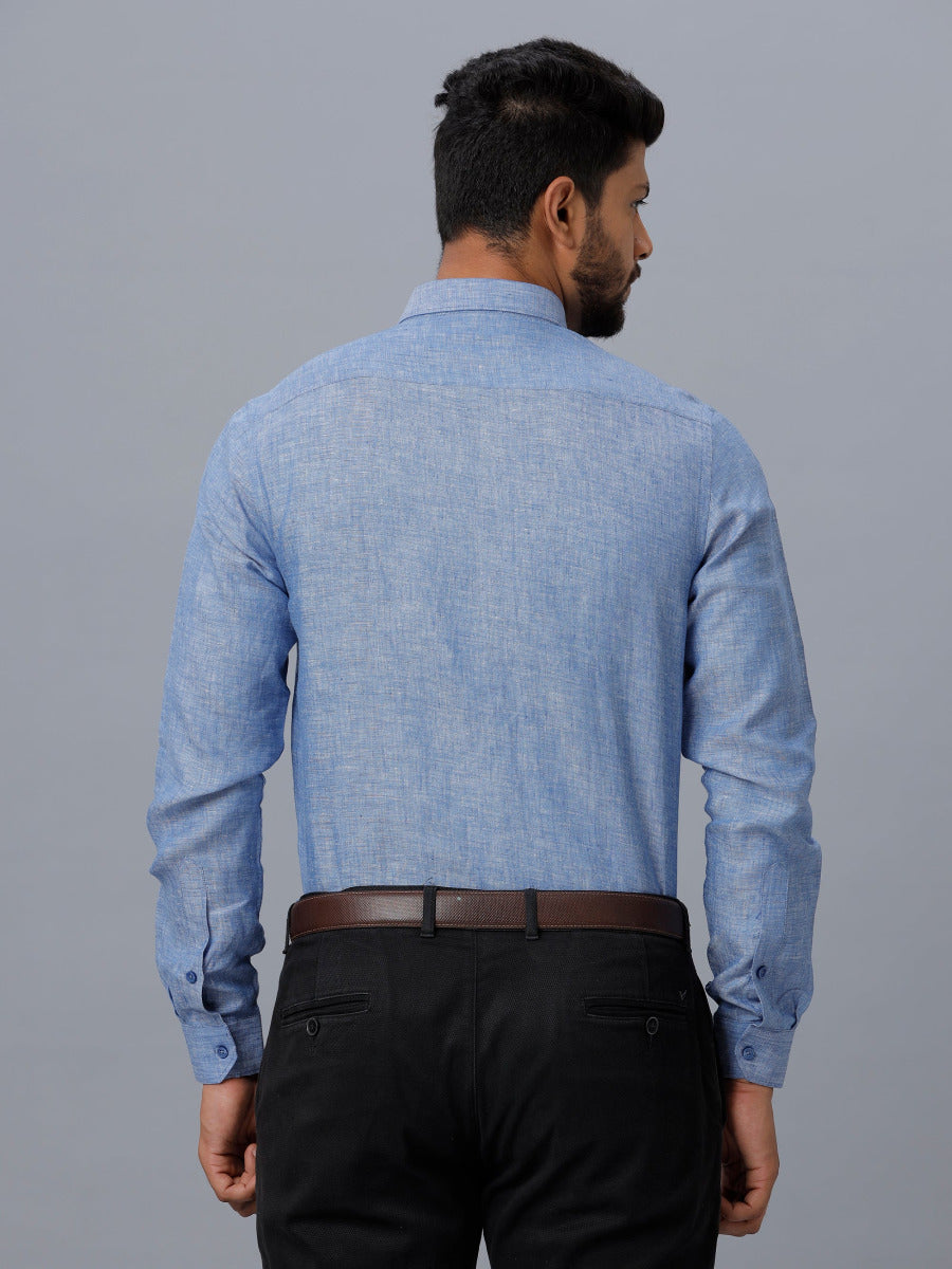 Mens Pure Linen Full Sleeves Shirt Blue-Back view