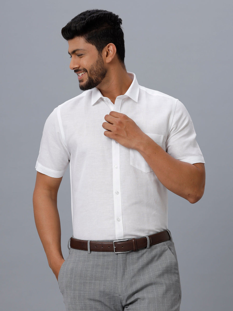 Mens Linen Cotton 7447 White Half Sleeves Shirt