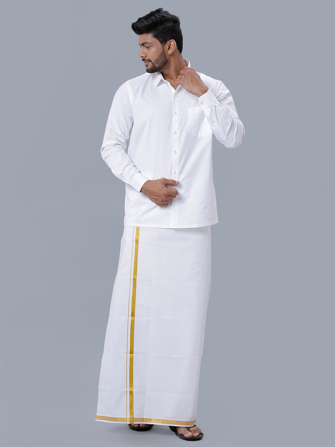 Mens Pure Cotton White Full Sleeves Shirt with 3/4'' Gold Jari Double Dhoti Combo