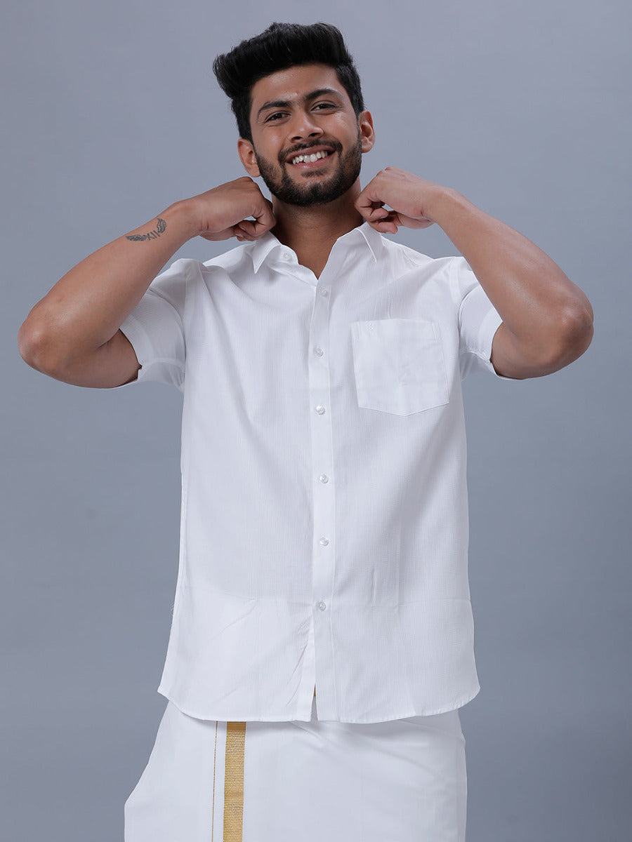 Mens Cotton White Half Sleeves Shirt Unicorn 5-Front view
