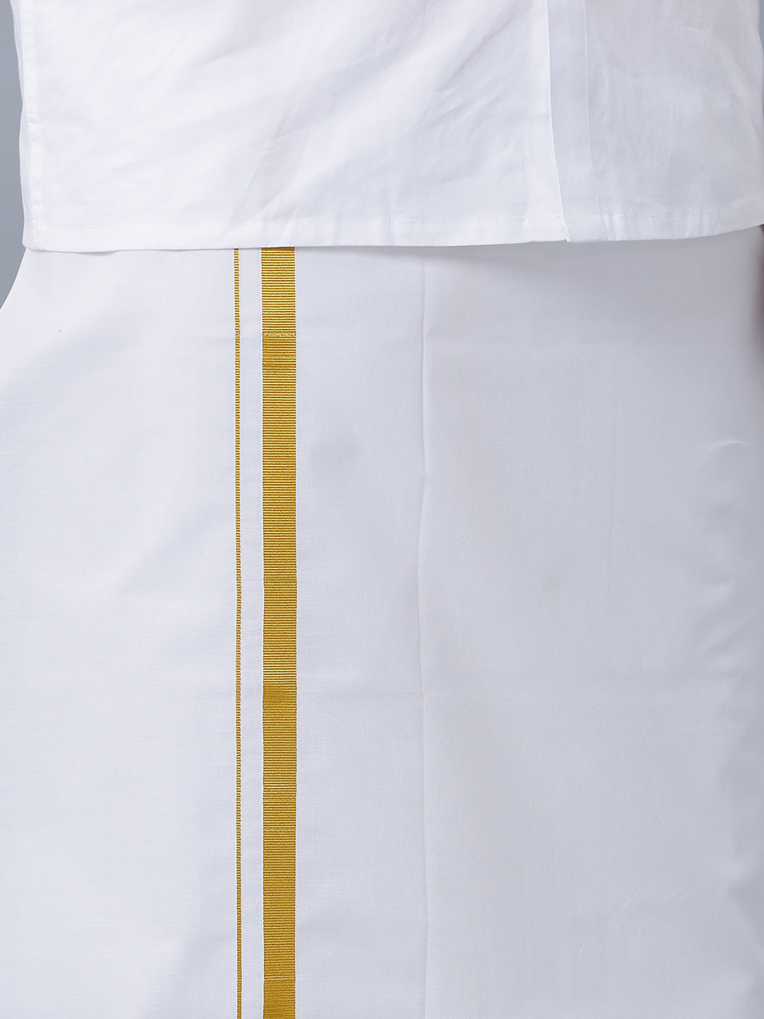 Mens Pure Cotton White Full Sleeves Shirt with 1'' Gold Jari Double Dhoti Combo-Bottom view