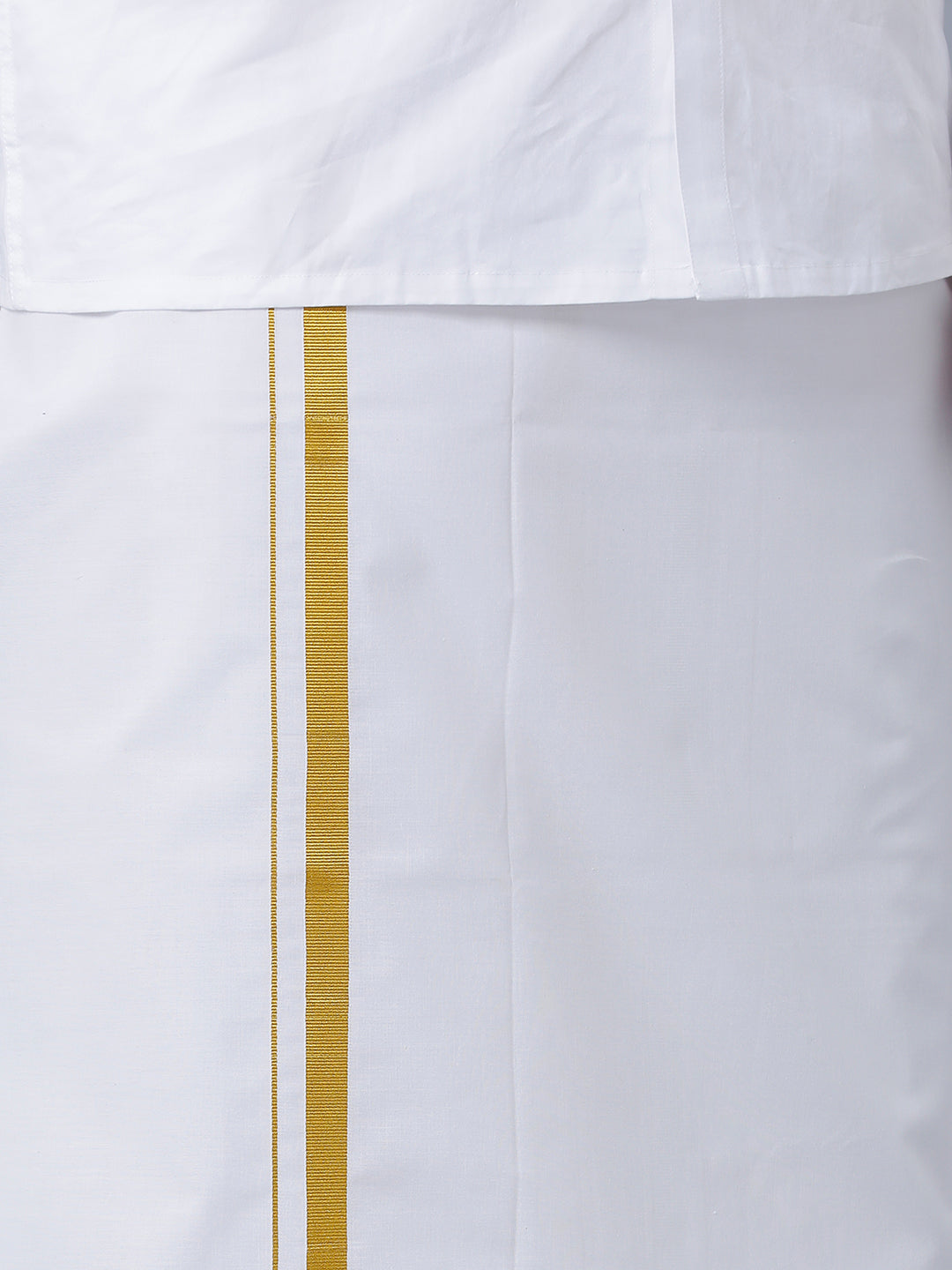 Mens Wrinkle Free White Full Sleeves Shirt with 3/4'' Gold Jari Double Dhoti Combo-Bottom view