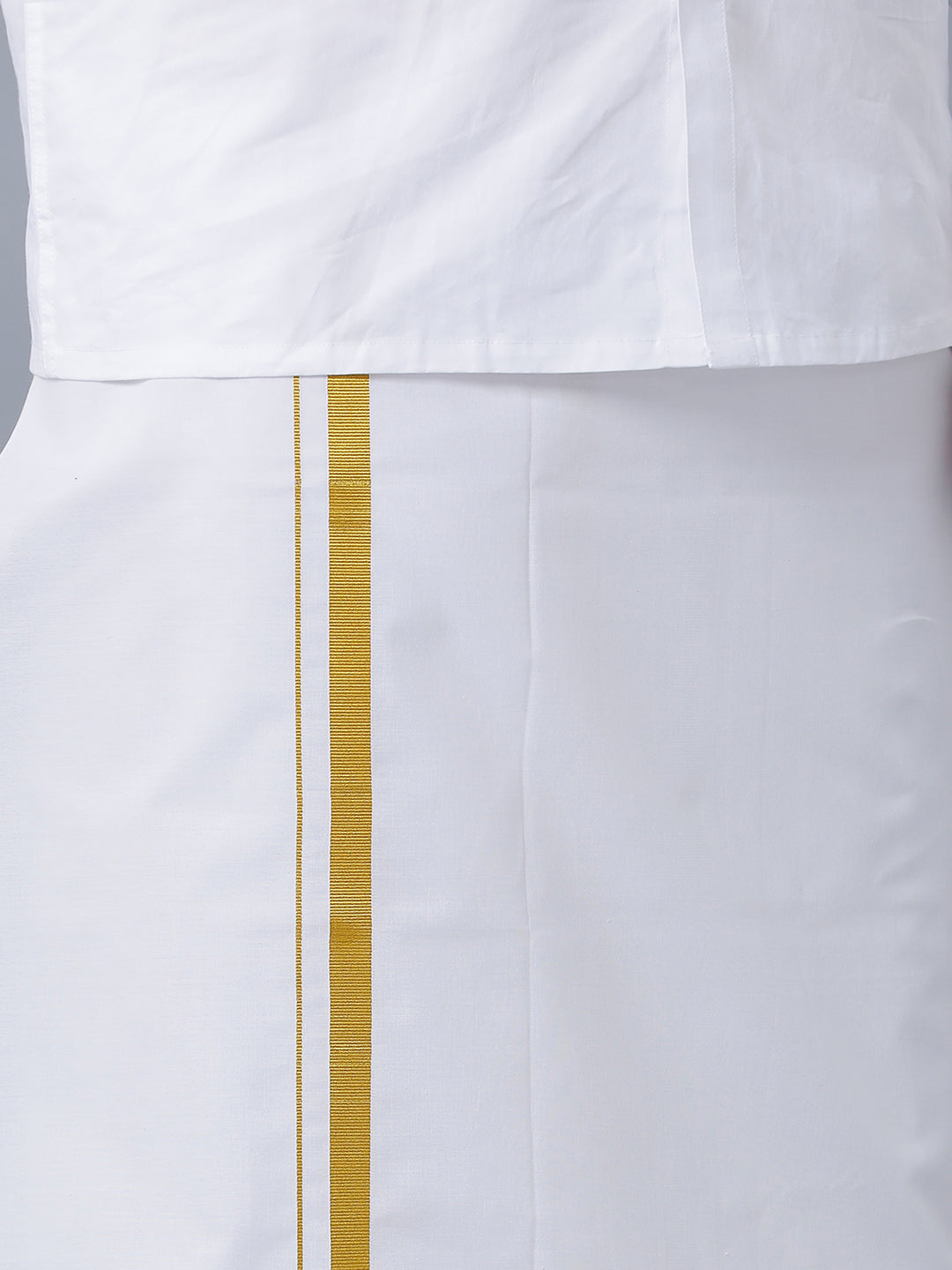 Mens Pure Cotton White Full Sleeves Shirt with 3/4'' Gold Jari Double Dhoti Combo-Bottom view