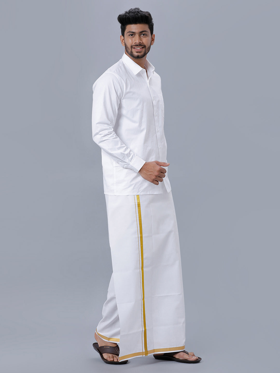 Mens Wrinkle Free White Full Sleeves Shirt with 3/4'' Gold Jari Double Dhoti Combo
