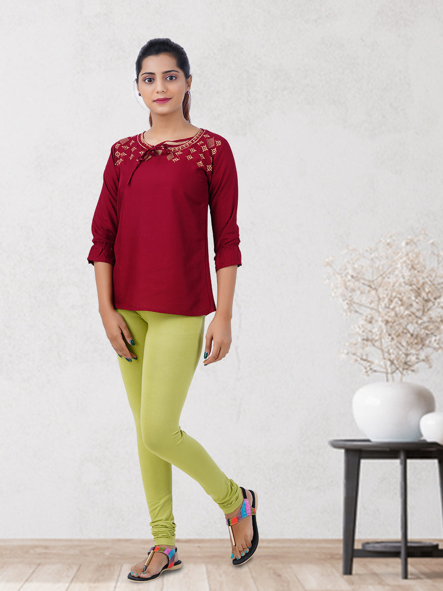 Churidar Fit Mixed Cotton with Spandex Stretchable Leggings Green-Full view