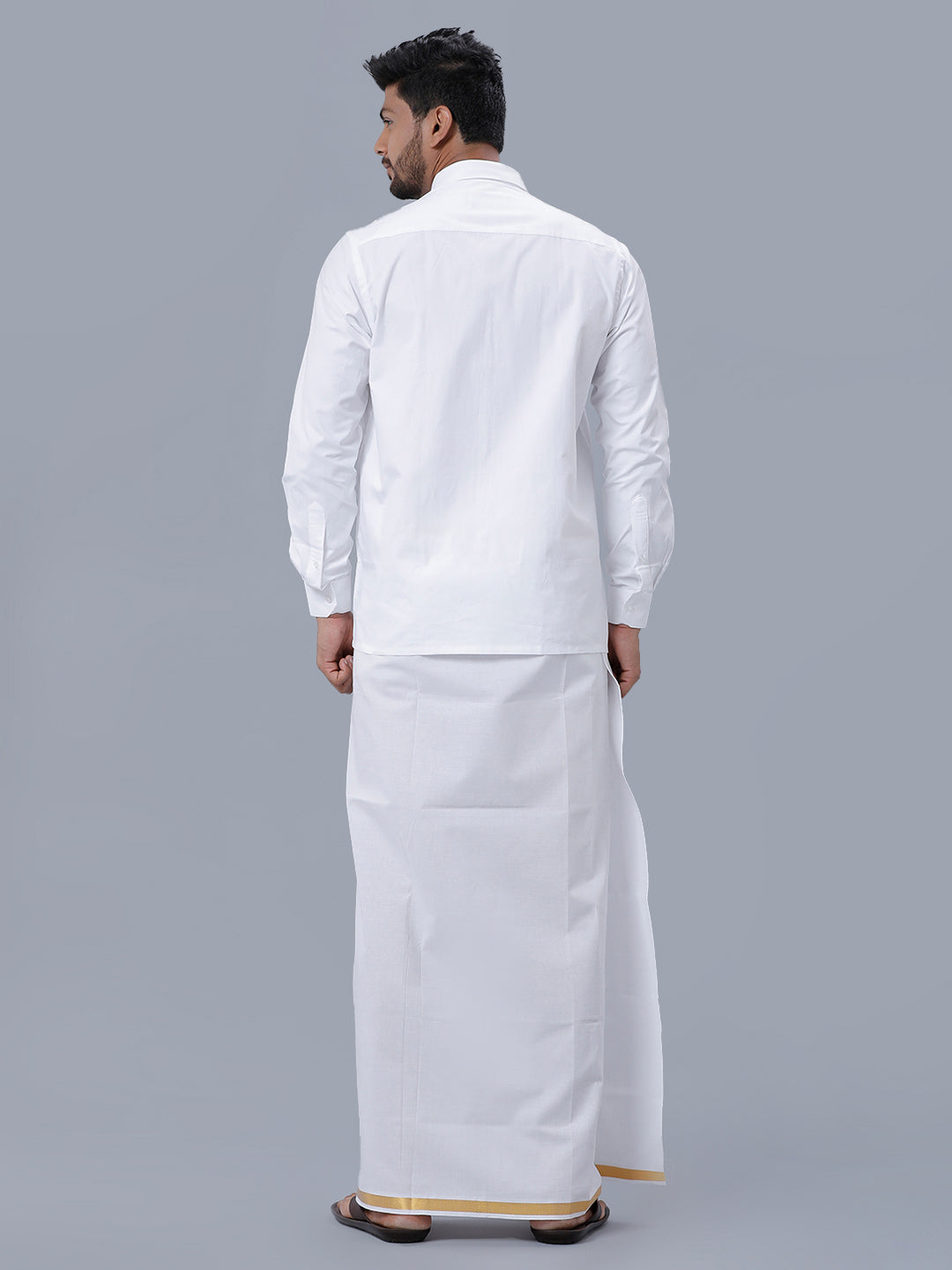 Mens Wrinkle Free White Full Sleeves Shirt with 3/4'' Gold Jari Double Dhoti Combo-Back view
