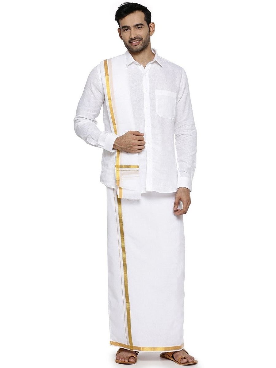 Mens Readymade Adjustable Dhoti + Towel Set White with Gold Jari-Front view