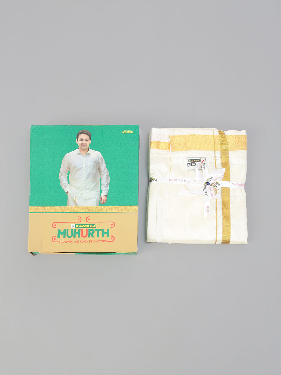 Mens Readymade Cream Dhoti + Towel Set Silk with Gold Jari 3/4" Genxt Silk Set-Ad vert