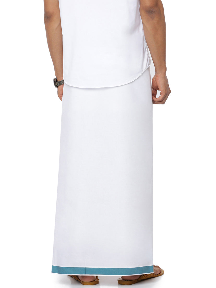 Mens Double Dhoti White with Fancy Border Redfort Plain Peacock Green