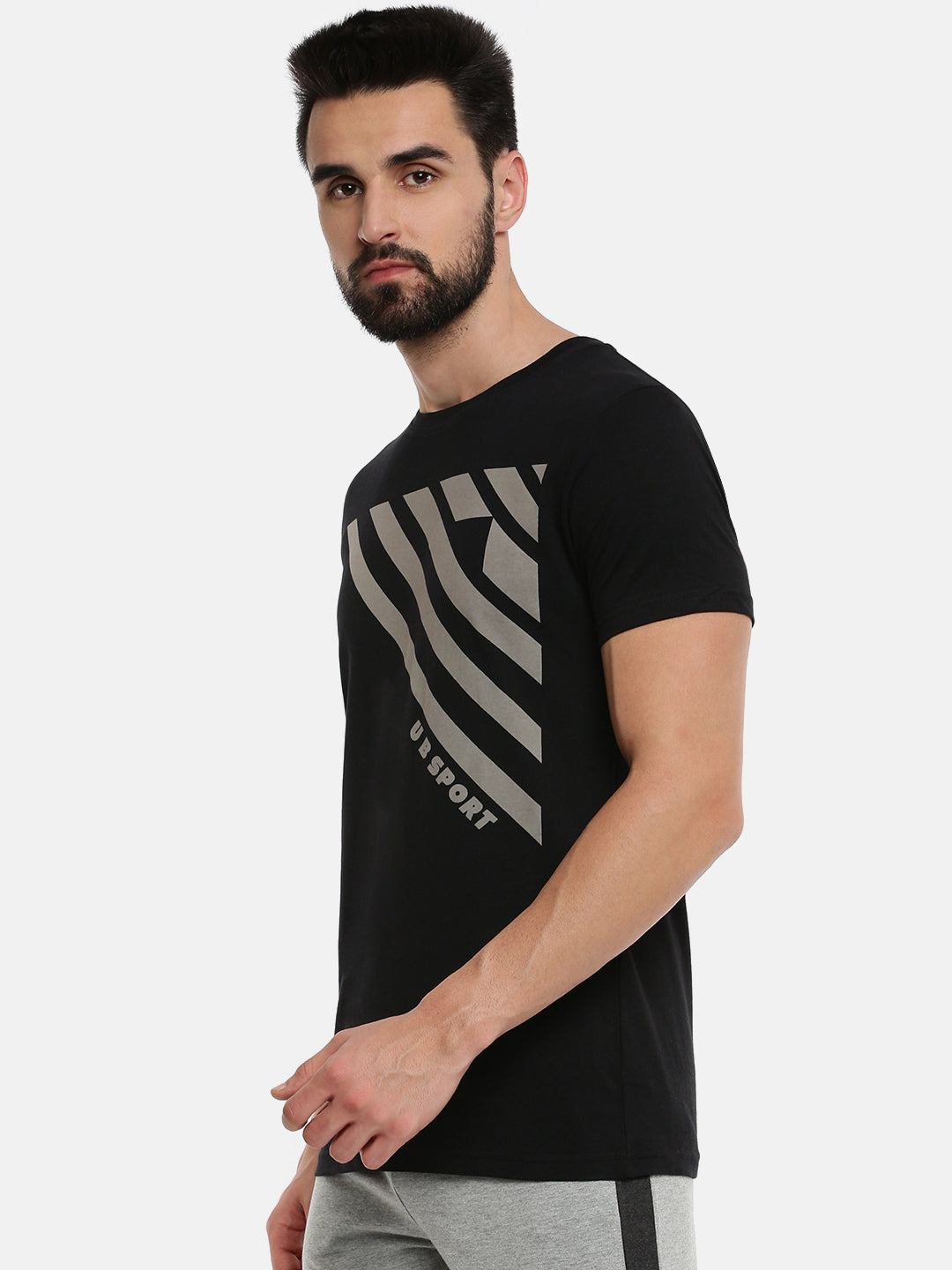 Graphic Printed Black Cotton Blend Round Neck T-Shirt GT15-Side view