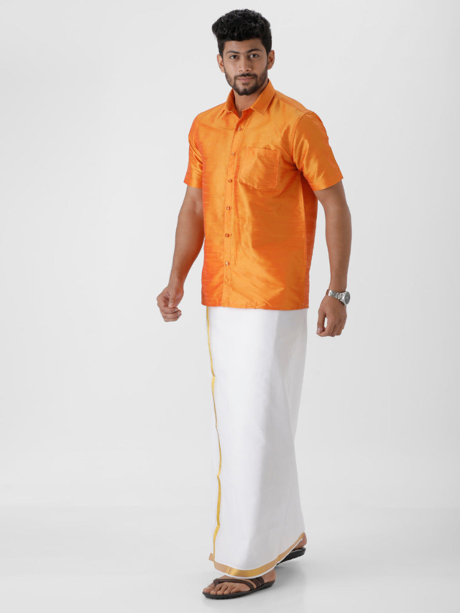 Silk Look Fancy Colour Half Sleeves Orange Shirt & Jari Dhoti Combo-Side view