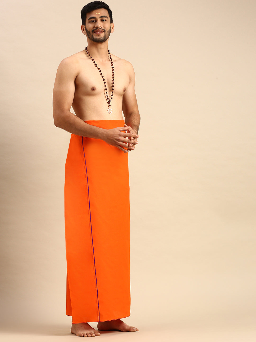 Mens Color Dhoti with Small Border Sudhan Orange-Side view