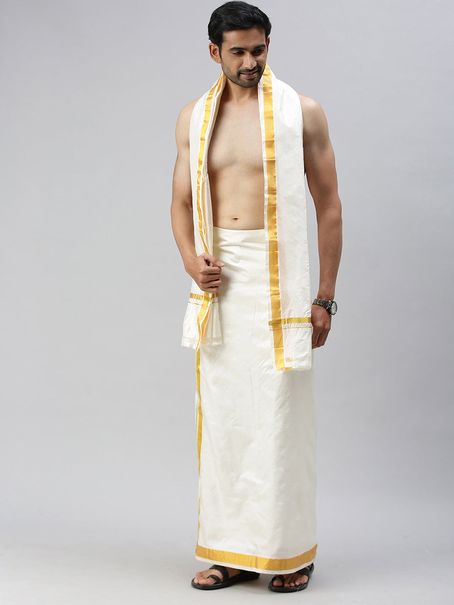 Mens Pure Silk Cream Dhoti & Towel Set Thirukalyan 40K 1 1/2"