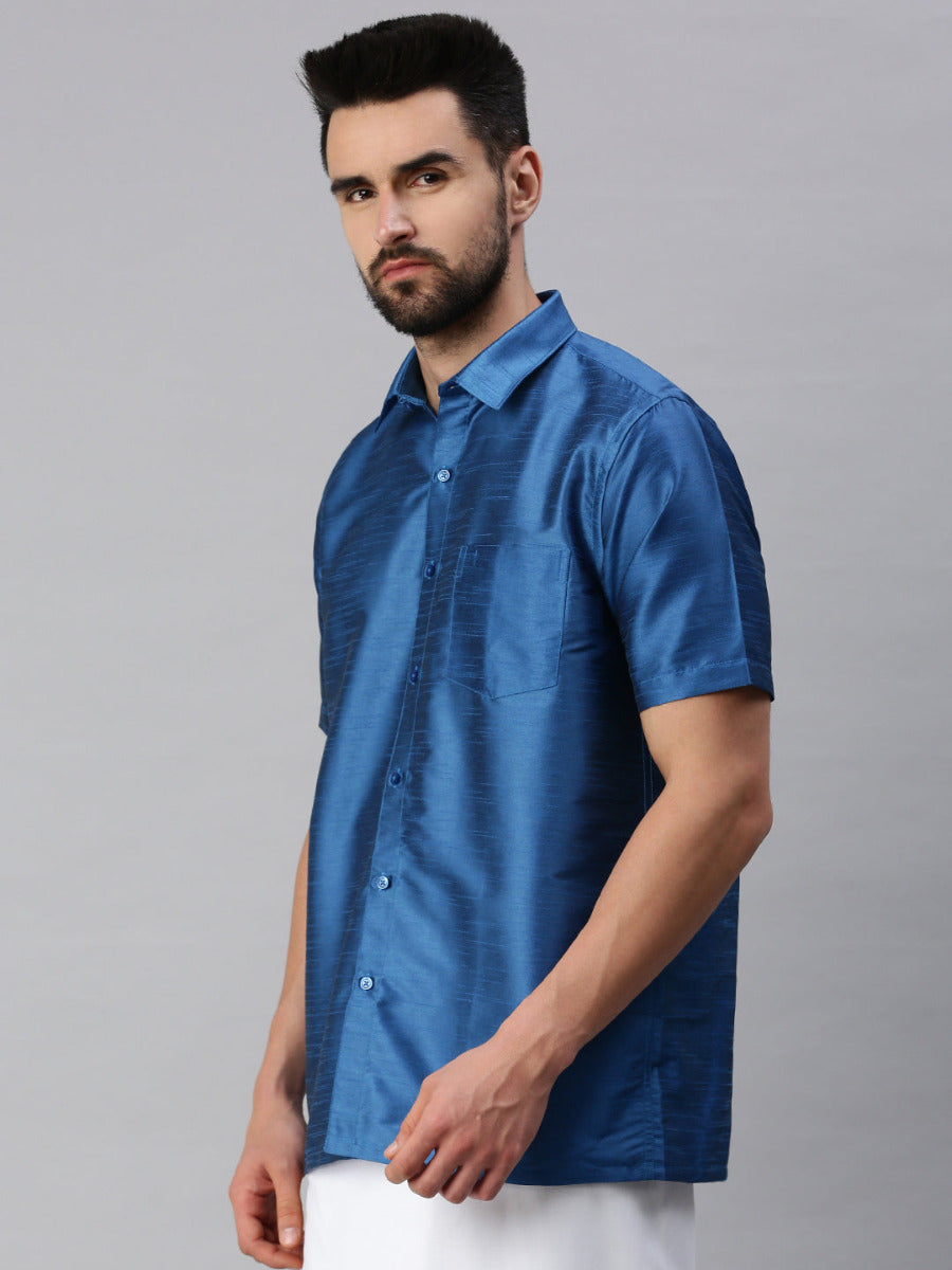 Silk Look Fancy Half Sleeves Blue Shirt with Jari Dhoti Combo SP9-Side view