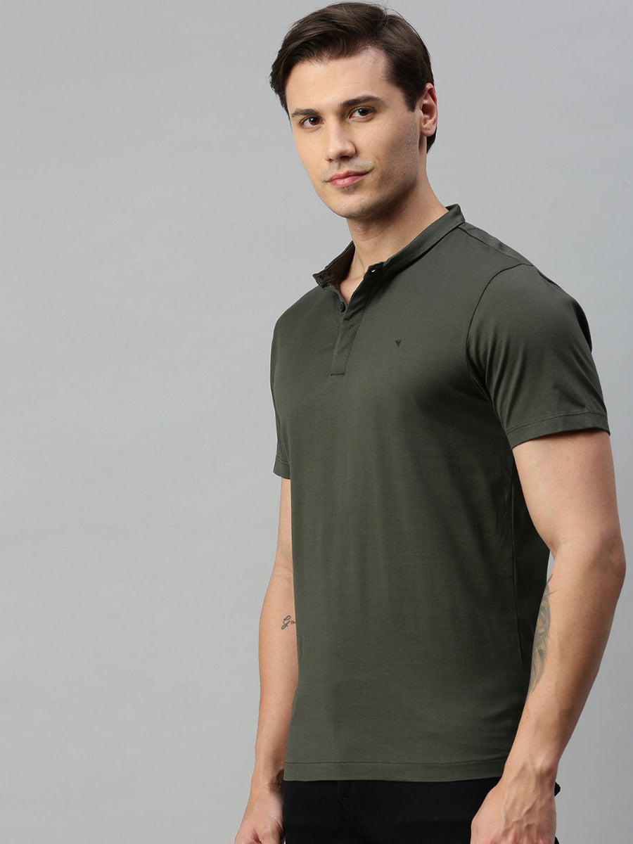 Mens Green Smart Fit Mandarin Collar T-shirt MM3-Side view