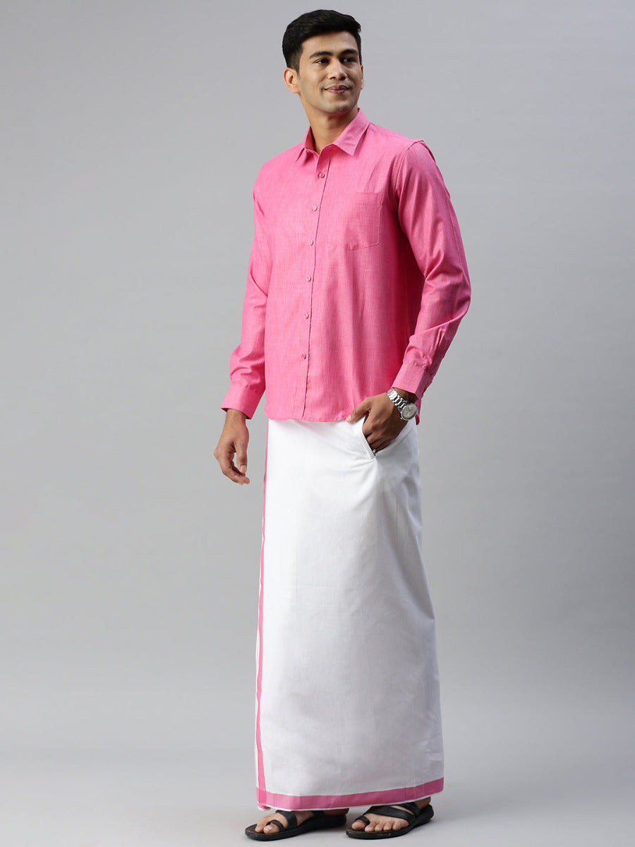 Mens Matching Border Adjustable Dhoti & Full Sleeves Shirt Set Pink CC10-Side view