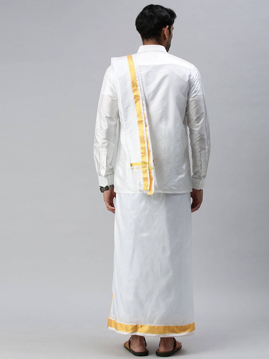 Mens Silk White Wedding Set 1 1/2" Dhoti+Towel+Shirt Subha Vaibhavaa-Back view