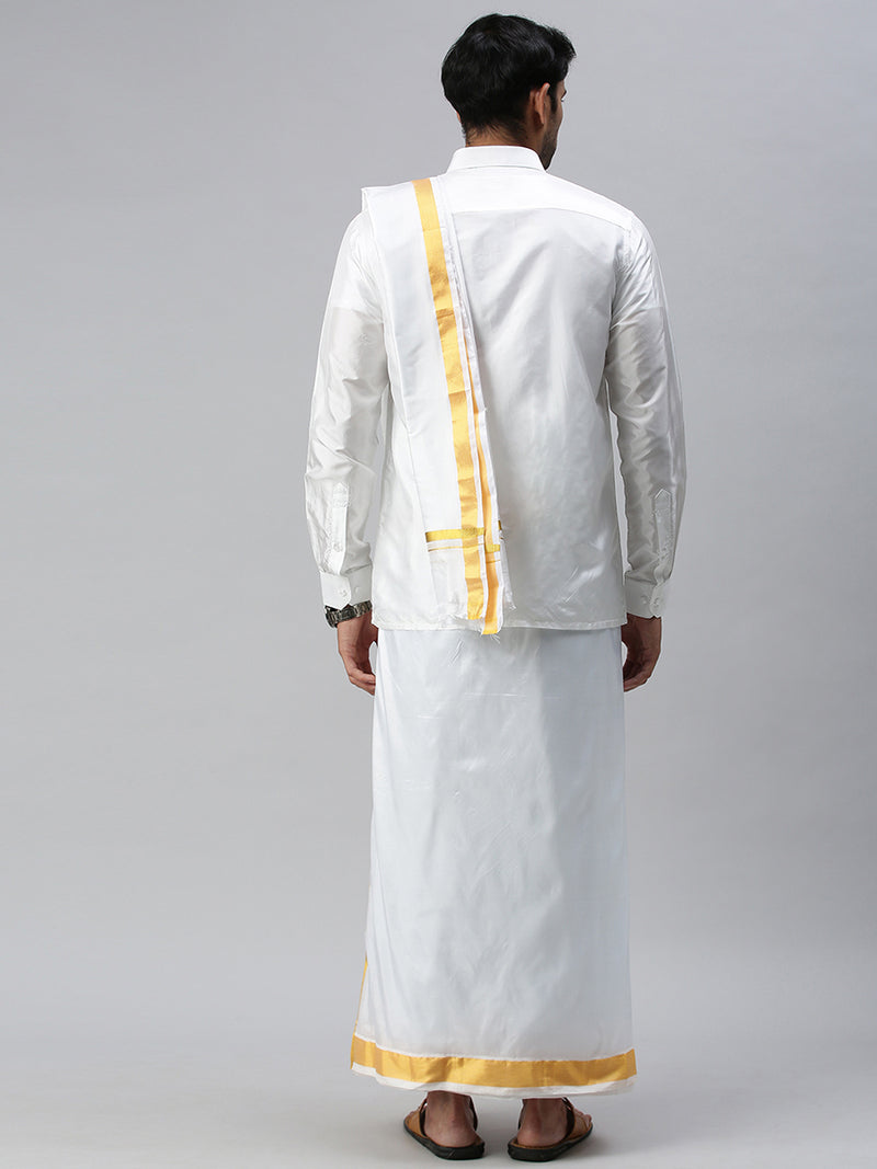 Mens Silk White Wedding Set 1 1/2" Dhoti+Towel+Shirt Subha Vaibhavaa