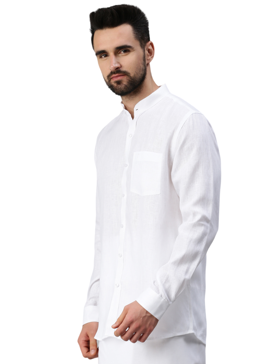 Mens 100% Linen Chinese Collar White Shirt Full Sleeves 5445-Side view