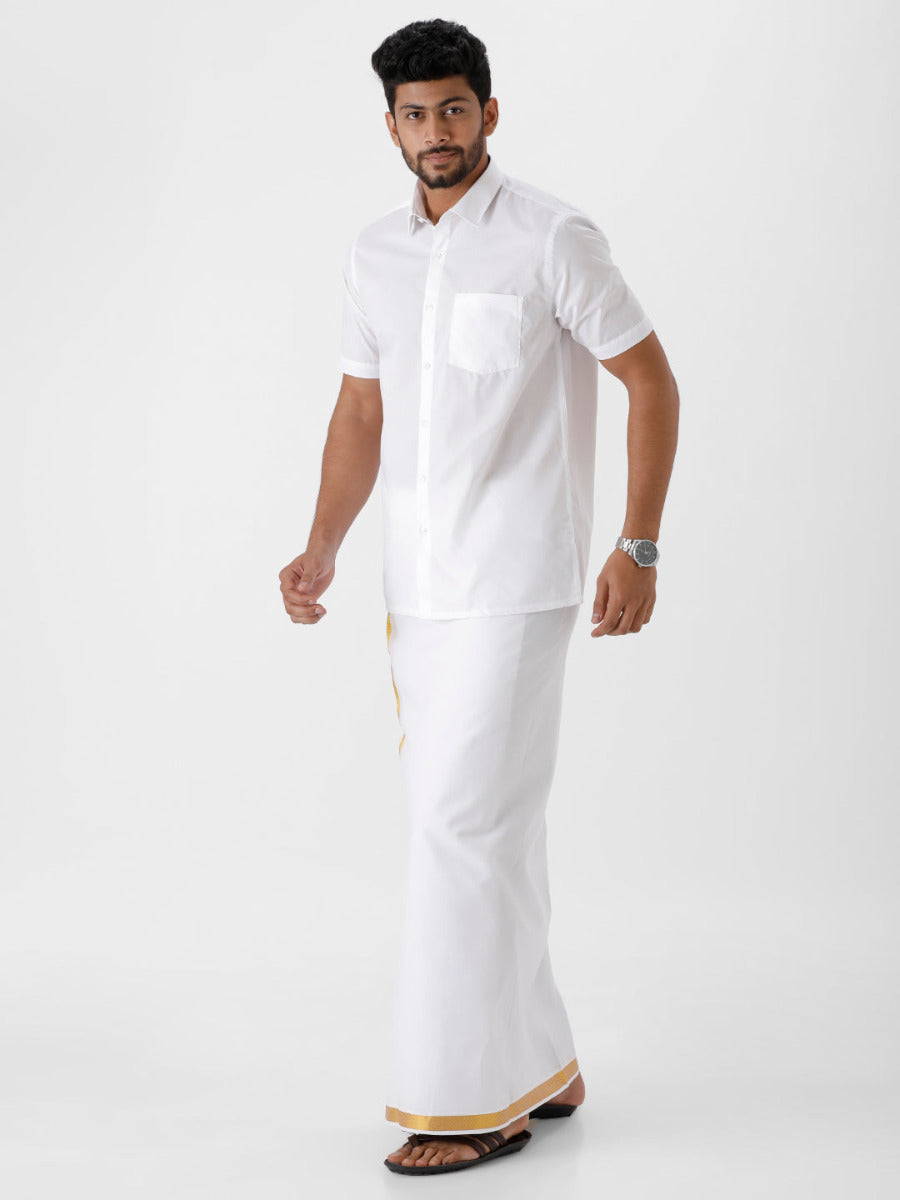 Mens Cotton White Half Sleeves Shirt with Jari 1" Dhoti Combo-Side view