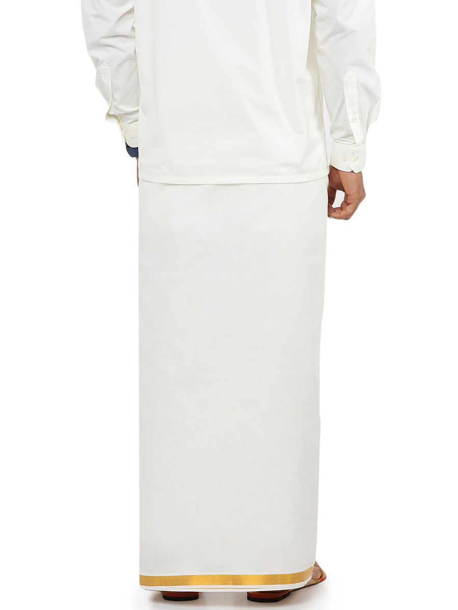 Mens Double Dhoti Cream with 1/2" Gold Zari Border Gold Leaf-Back view