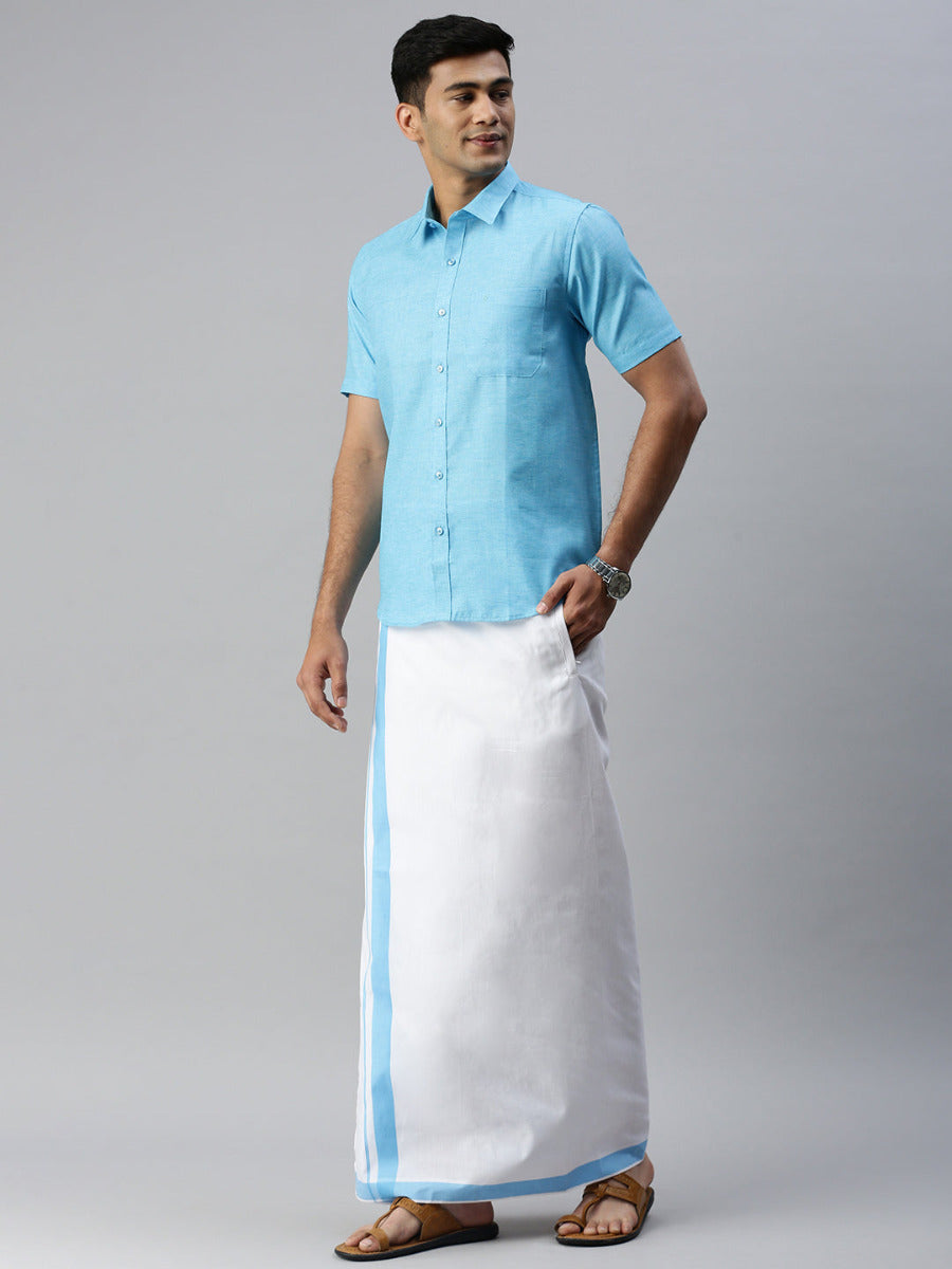 Mens Matching Border Adjustable Dhoti & Half Sleeves Shirt Set Blue CC5-Side view