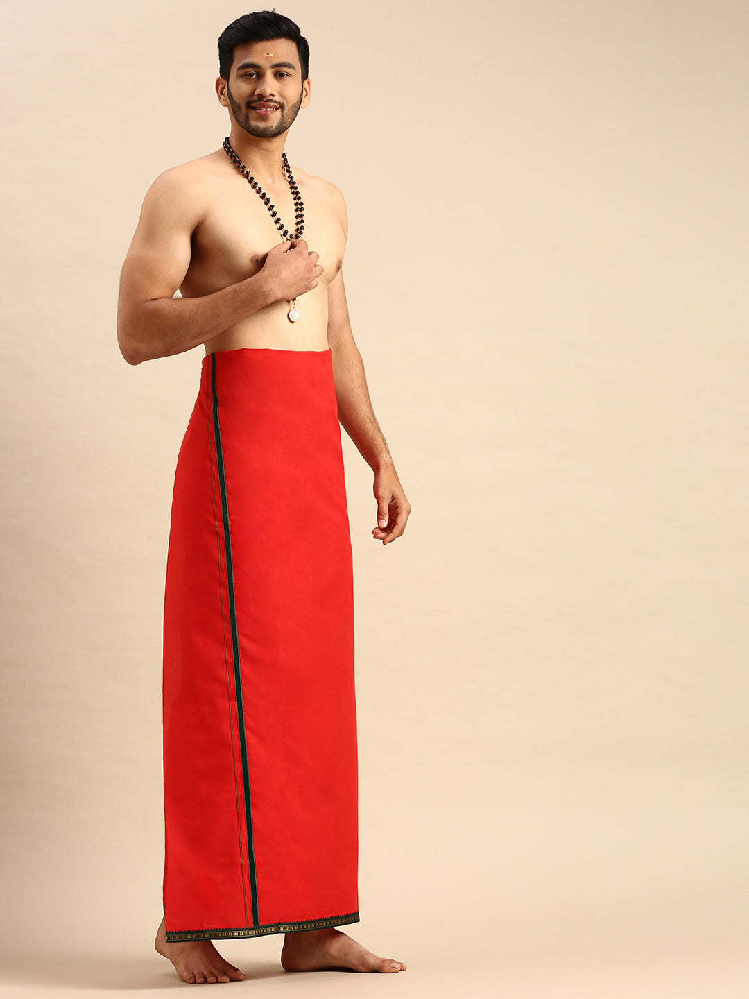 Mens Color Dhoti with Big Border Mercury Red-Sid view