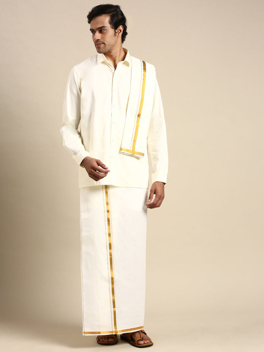 Mens Wedding Cream Regular Dhoti, Shirt & Towel Set Subhakalyan 1/2"