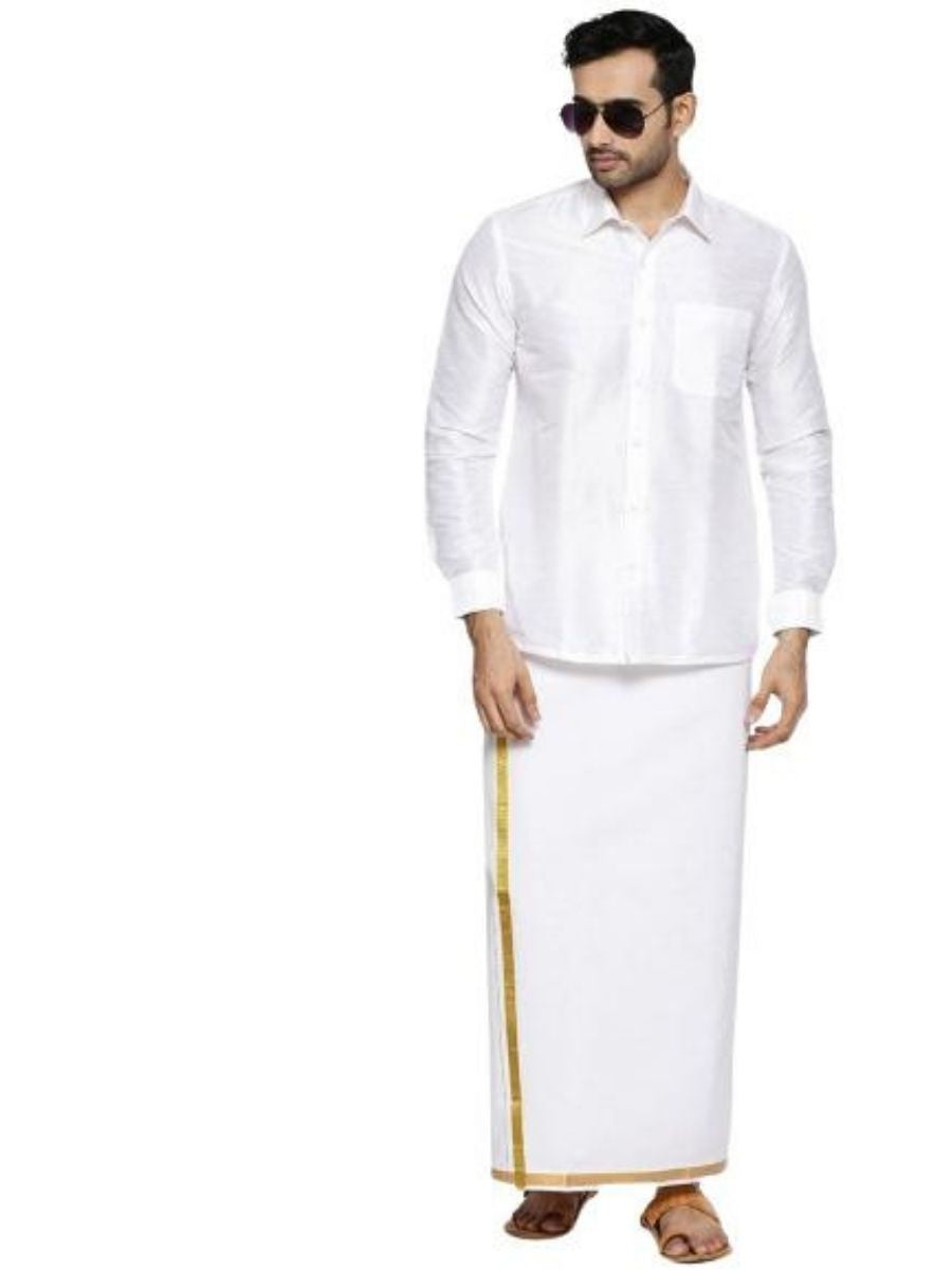 Mens Readymade Adjustable Dhoti White with Gold Jari 708-Full view