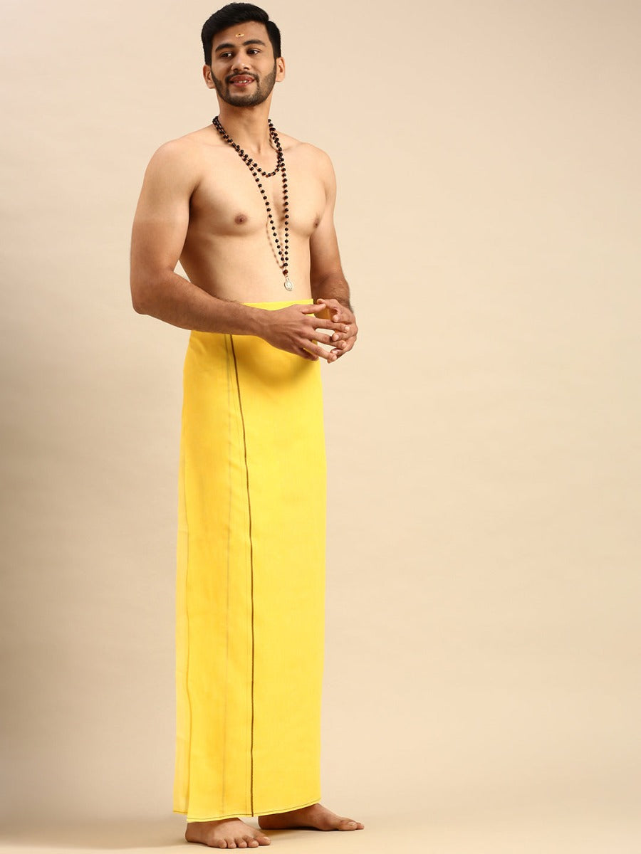 Mens Double Dhoti with Small Border Mangalya Yellow-Side view