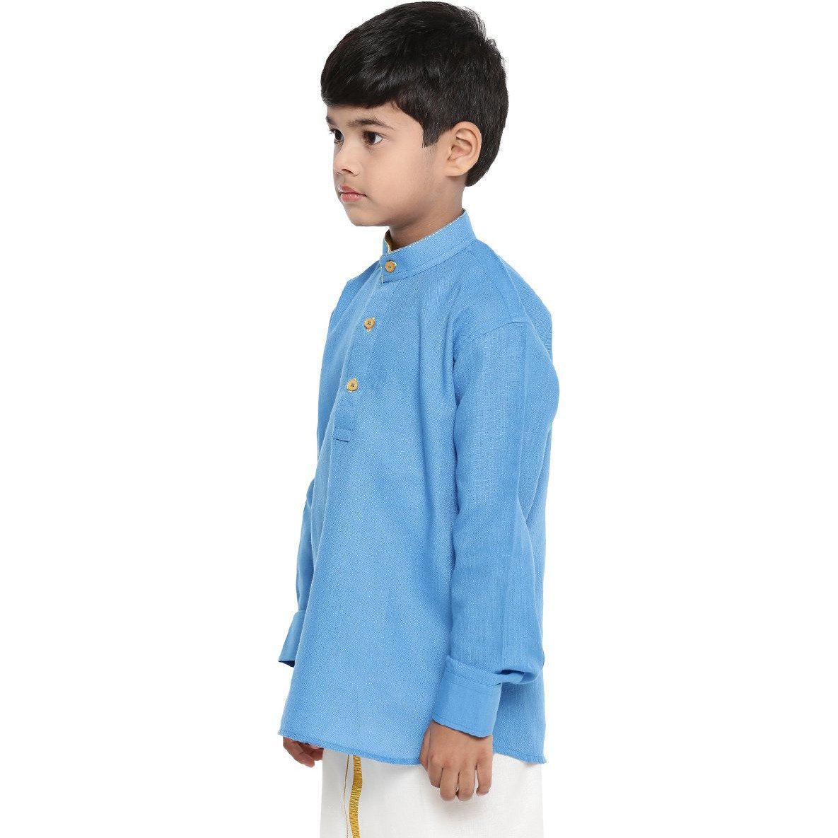 Boys Waterfall Linen Kurta Dhoti Set Blue-Side view