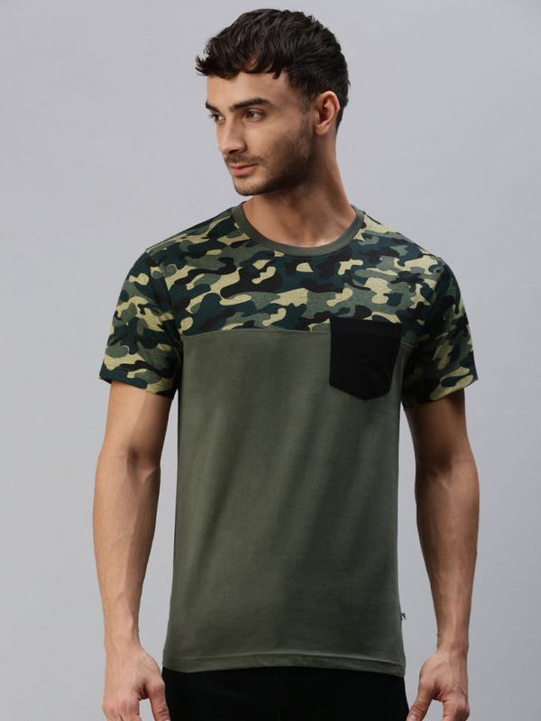 Graphic Printed Round Neck Casual T-Shirt With Pocket Green GT32