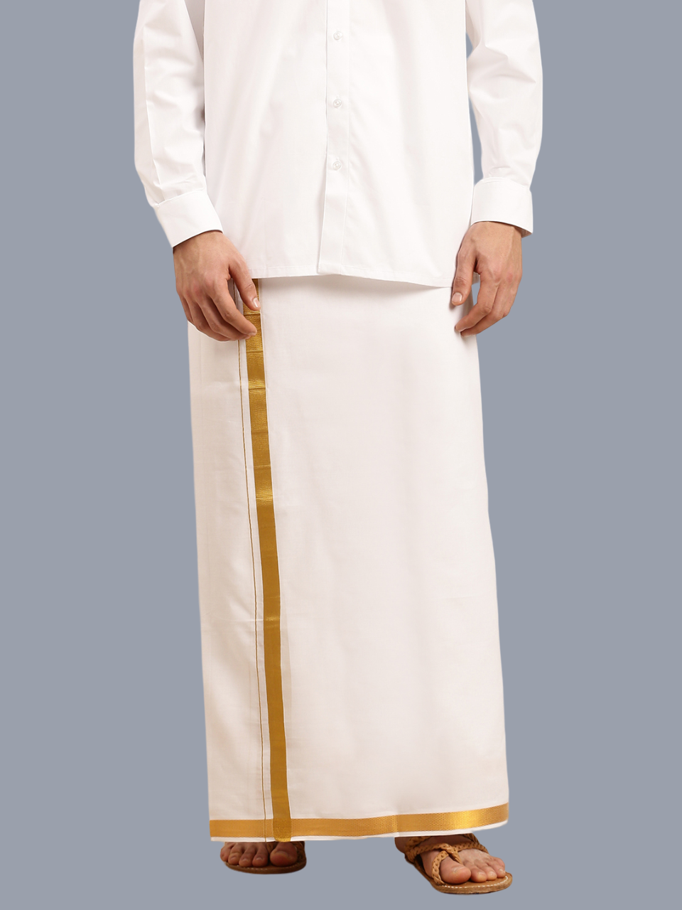 Mens Royal Cotton White Full Sleeves Shirt with 1'' Gold Jari Double Dhoti Combo-Bottom view