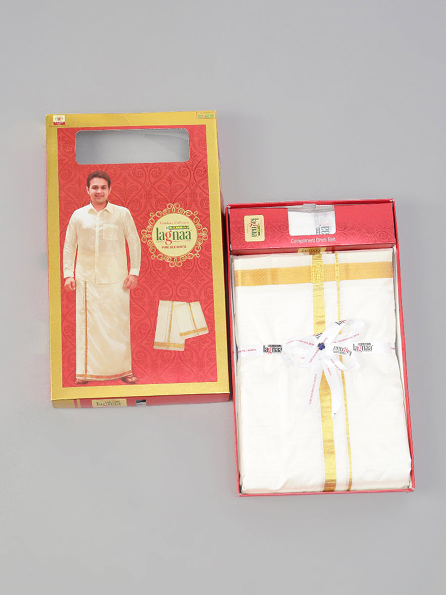 Mens Pure Silk Cream Double Dhoti with 1/2" Gold Jari Border Upasana-Box view