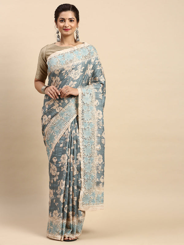 Womens Semi Tussar Woven Embroidery Saree Blue with Sandal STWE13