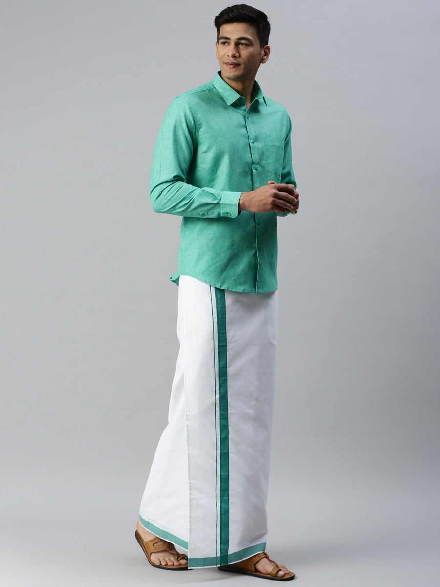 Mens Matching Border Adjustable Dhoti & Full Sleeves Shirt Set Green CC7-Side alternative view