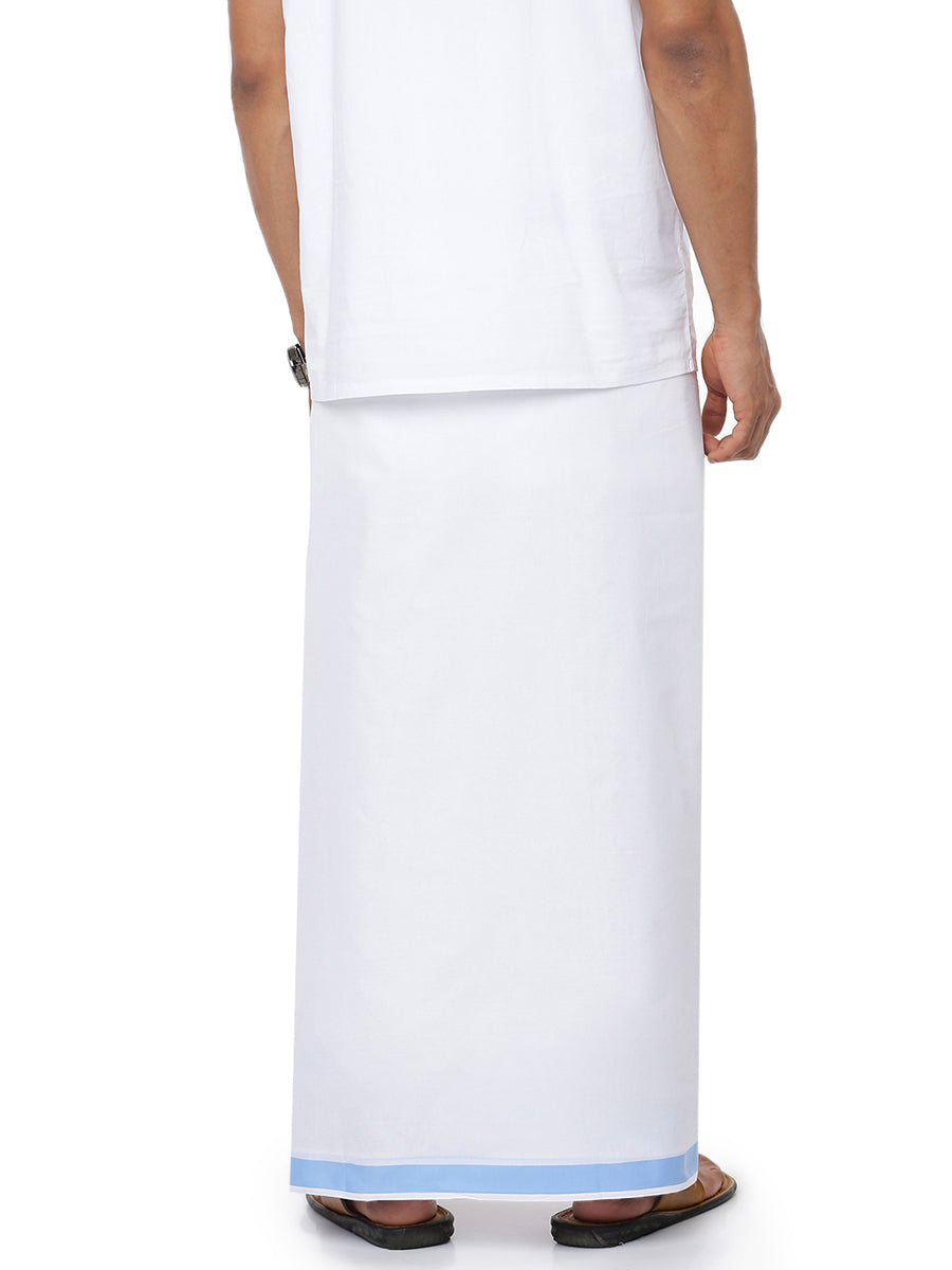 Men Sky Blue Fancy Border Double Dhoti White Redfort Plain