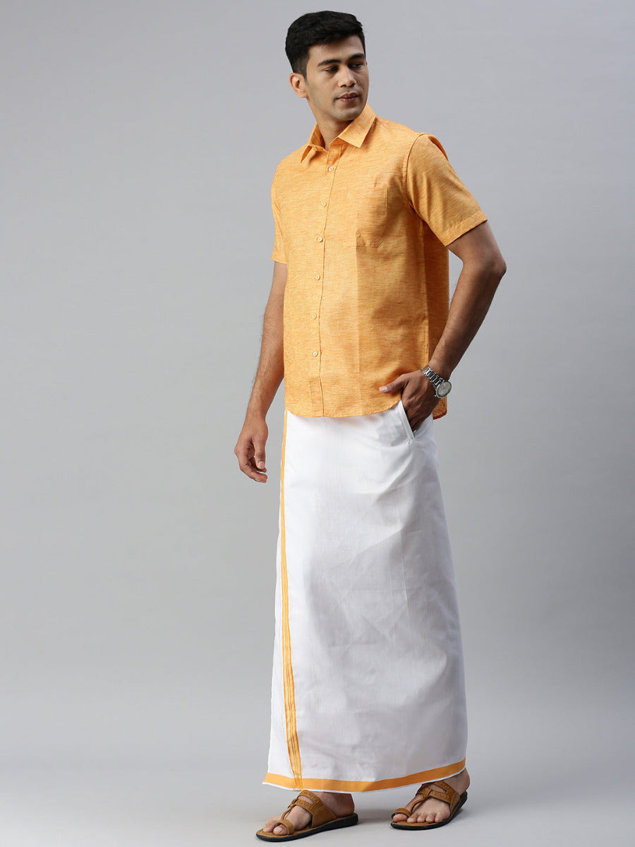 Mens Matching Border Adjustable Dhoti & Half Sleeves Shirt Set Orange CC2-Side view