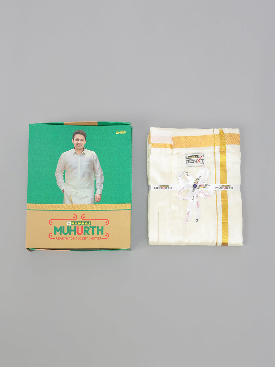 Mens Readymade Cream Silk Double Dhoti 50K with Gold Jari 3/4"-Box view