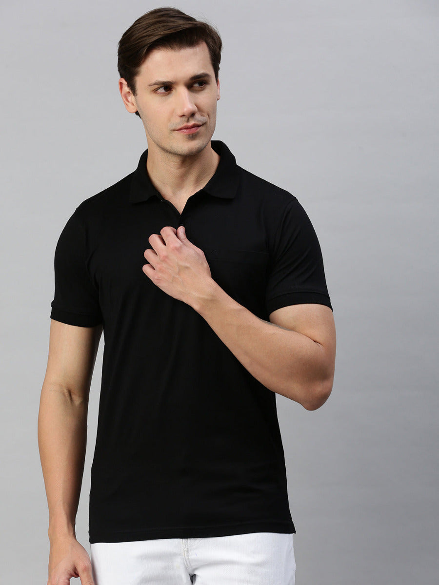 Mercerised Polo Flat Collar T-Shirt Black with Chest Pocket MP1