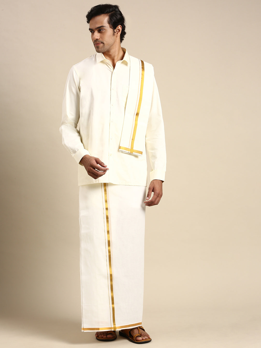 Mens Premium Wedding Cream Dhoti with shirt Bit & Towel Set-Full view